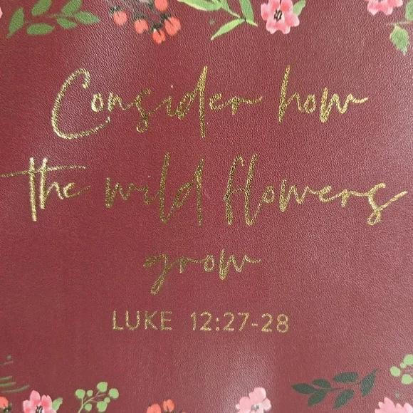 Bible Verse Floral Burgundy Zip Pouch – "Consider how the wild flowers grow" - Picture 2 of 3